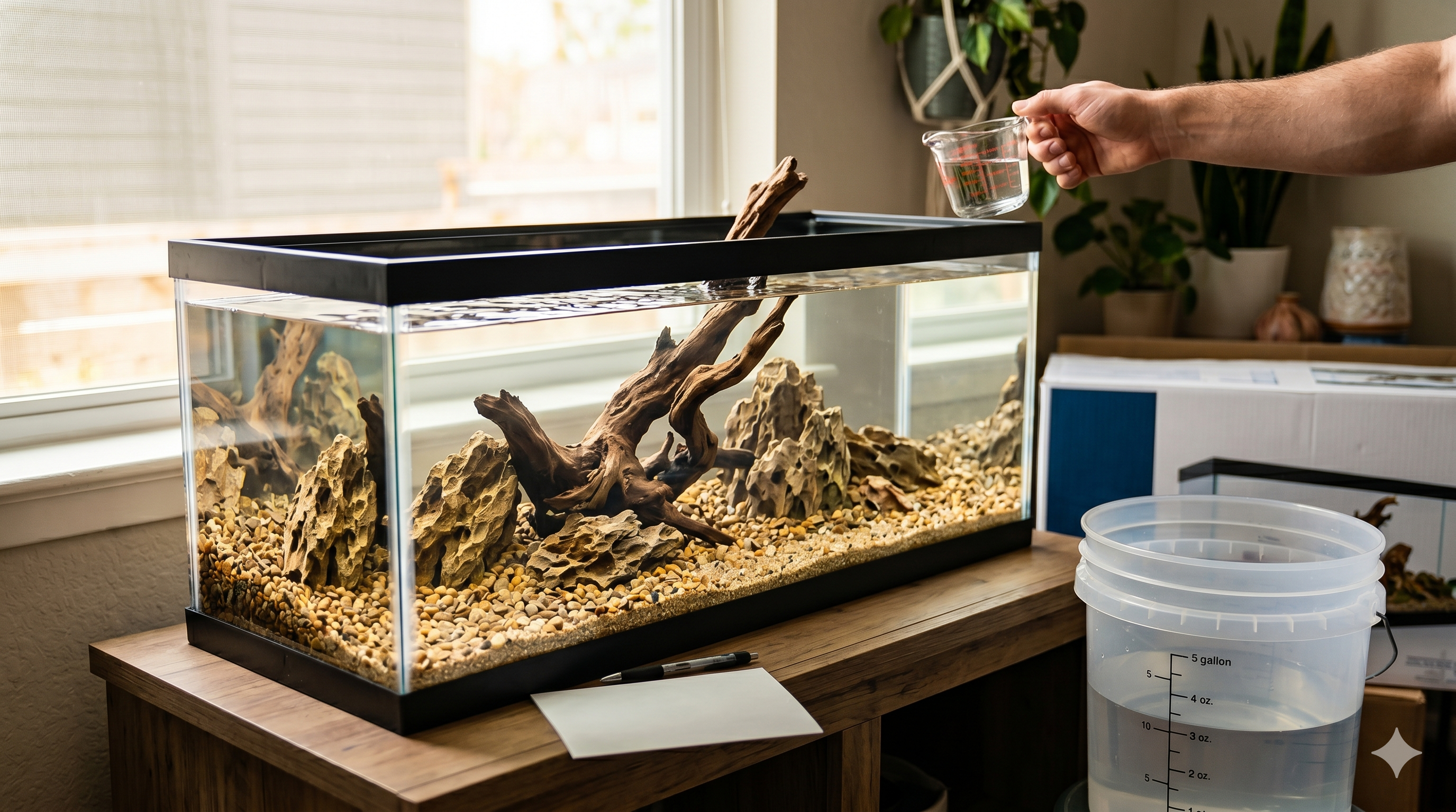 Person filling an aquarium with a bucket